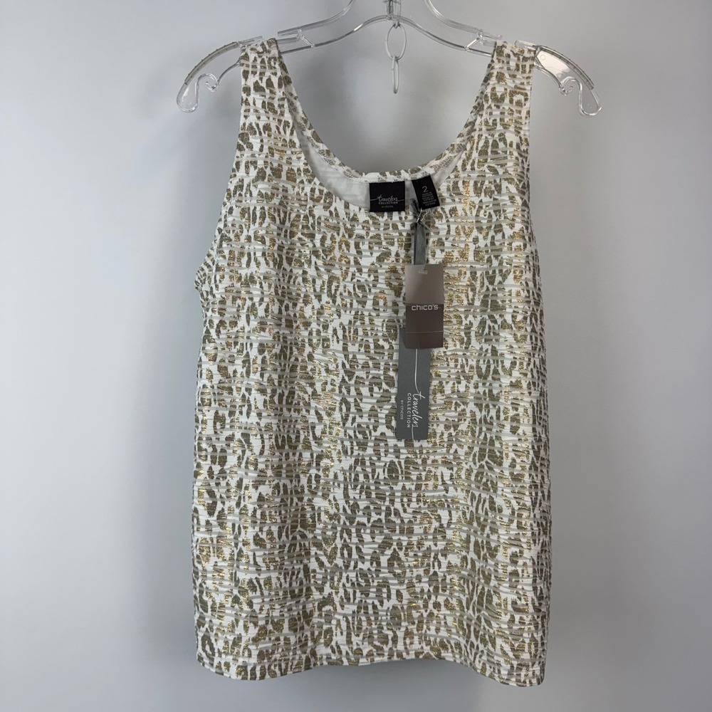 Chicos Travelers Foil‎ Leopard Tank Top Gold White Metallic Size 2 L Large NEW